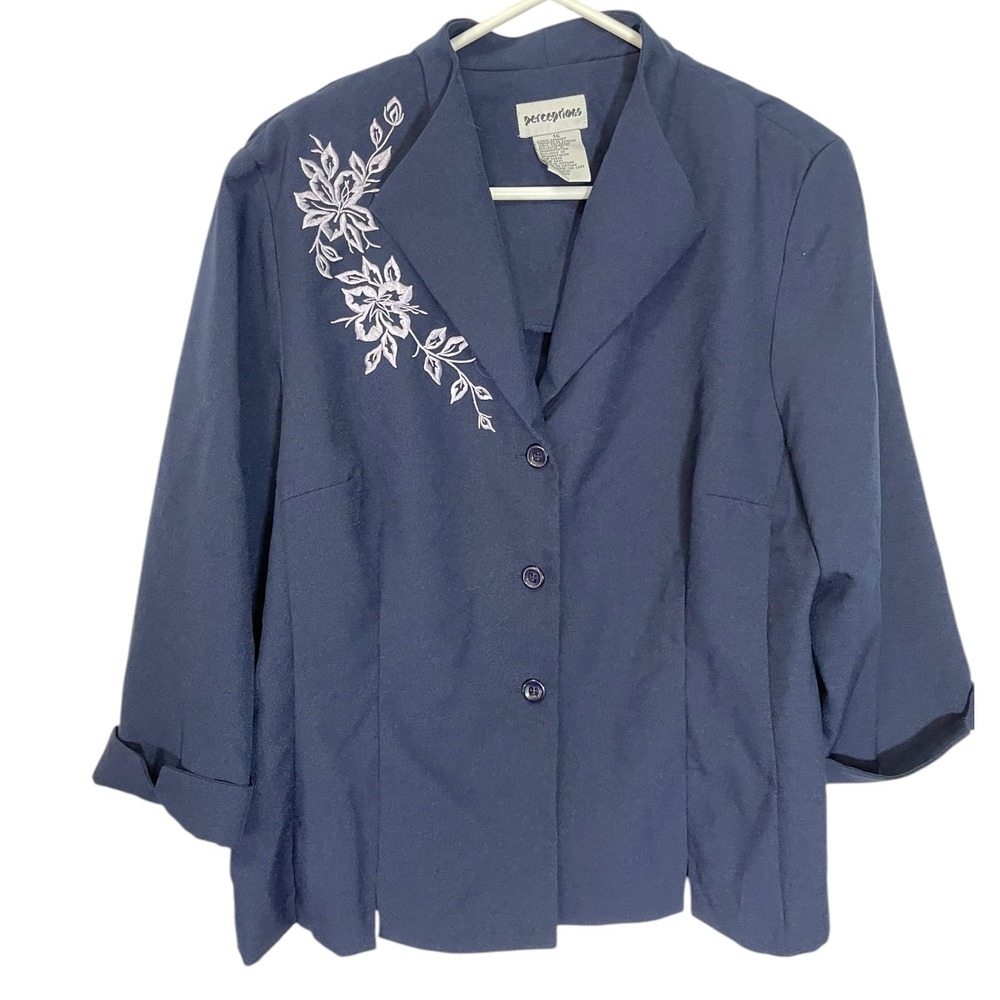 Perceptions 16 Navy Blue Blazer Floral Embroidery 3/4 Sleeve Dark Academia